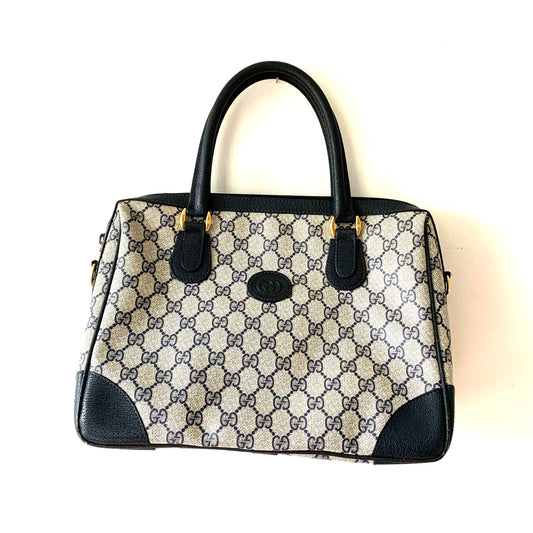 Vintage Gucci Boston Navy Blue Gray Handbag Purse Satchel Authentic