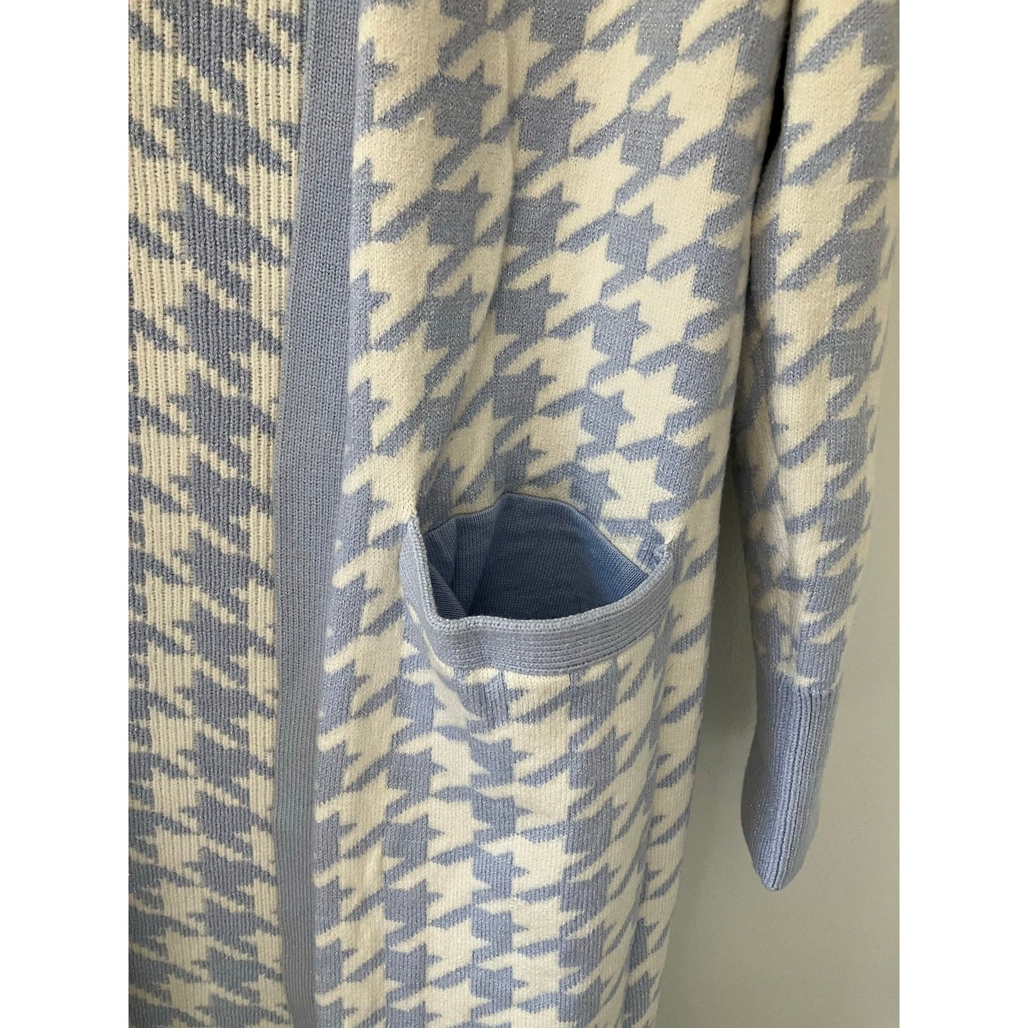 EXPRESS BLUE IVORY METALLIC HOUNDSTOOTH PRINT DUSTER CARDIGAN