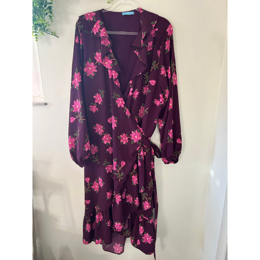 Draper James RSVP Long Sleeve Ruffle Midi Dress Burgundy Purple Pink Floral