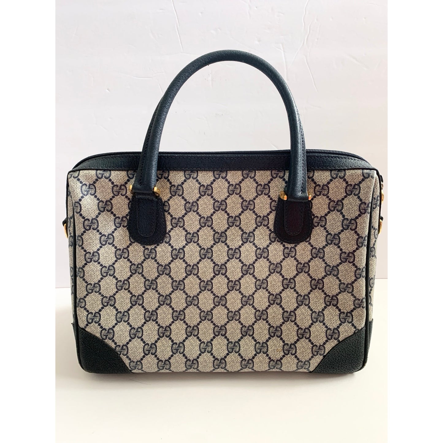 Vintage Gucci Boston Navy Blue Gray Handbag Purse Satchel Authentic