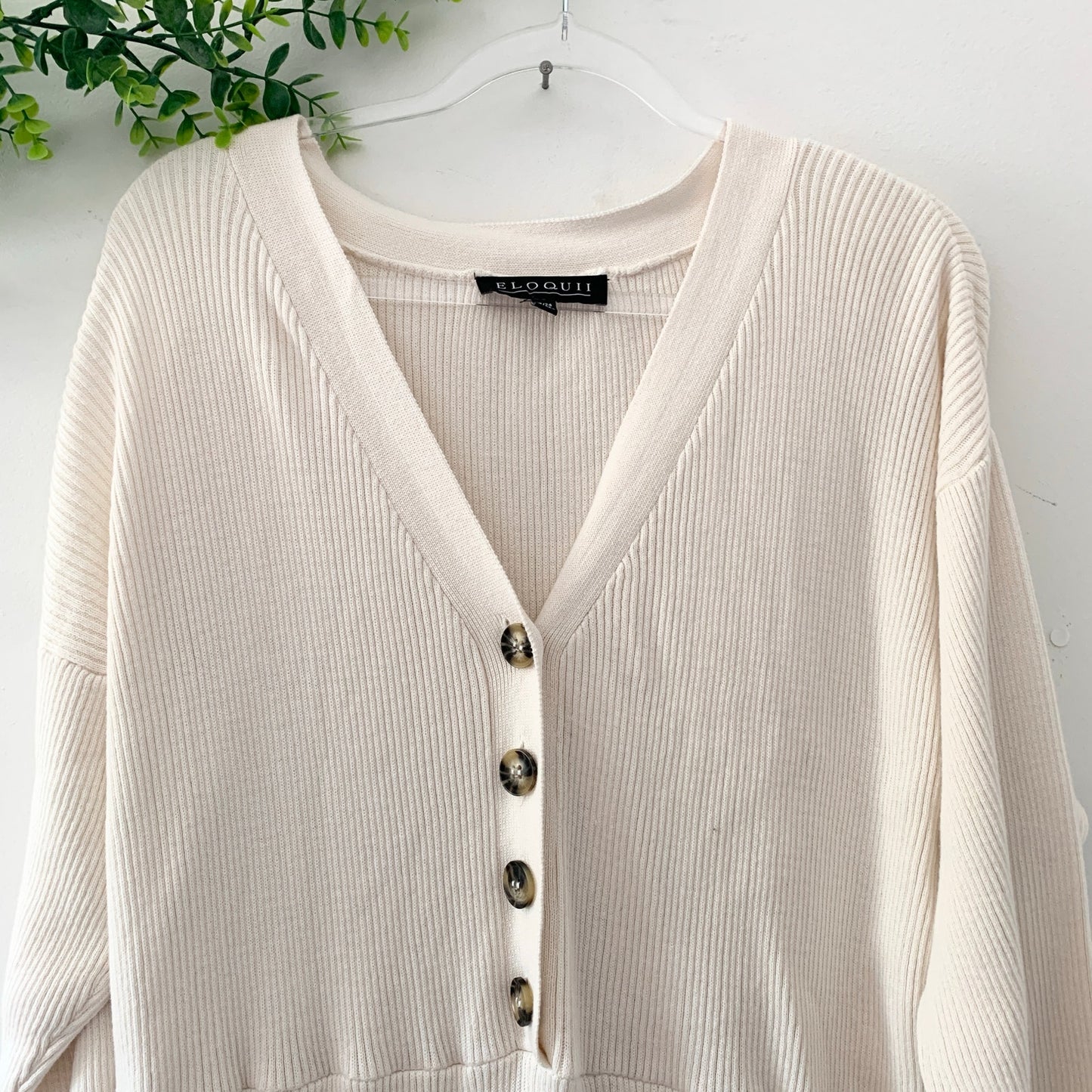 Eloquii Knit Ribbed Long Sleeve Jumpsuit Button Front Cropped Cream White  22-24