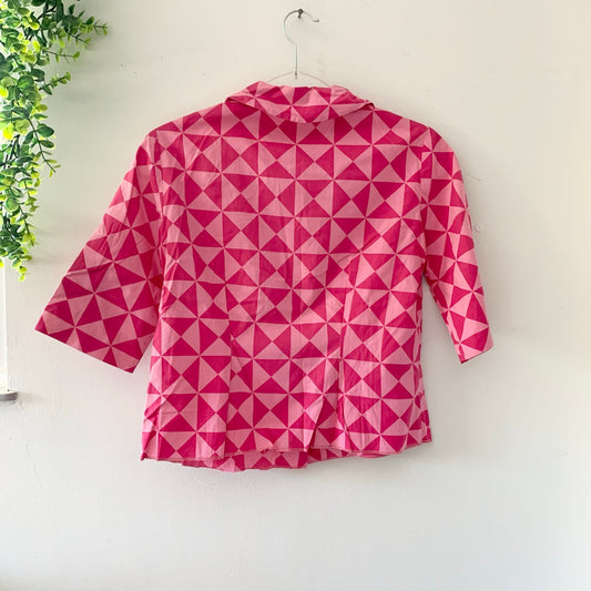Vintage 1960s Pink Geometric Print Button Down Cotton Blouse