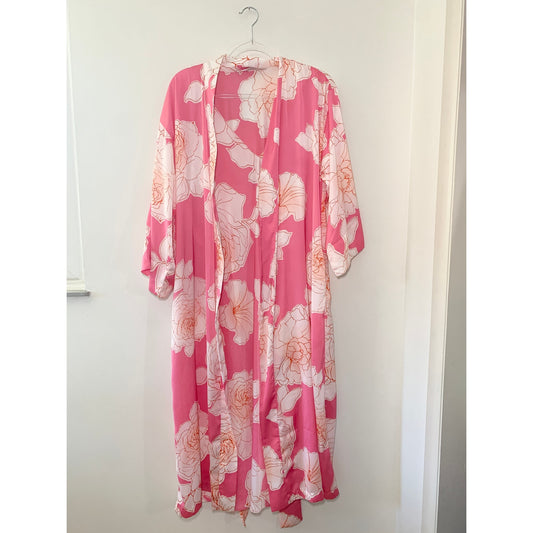Natori Peony Sunset Floral Pink White Nightgown and Robe Set