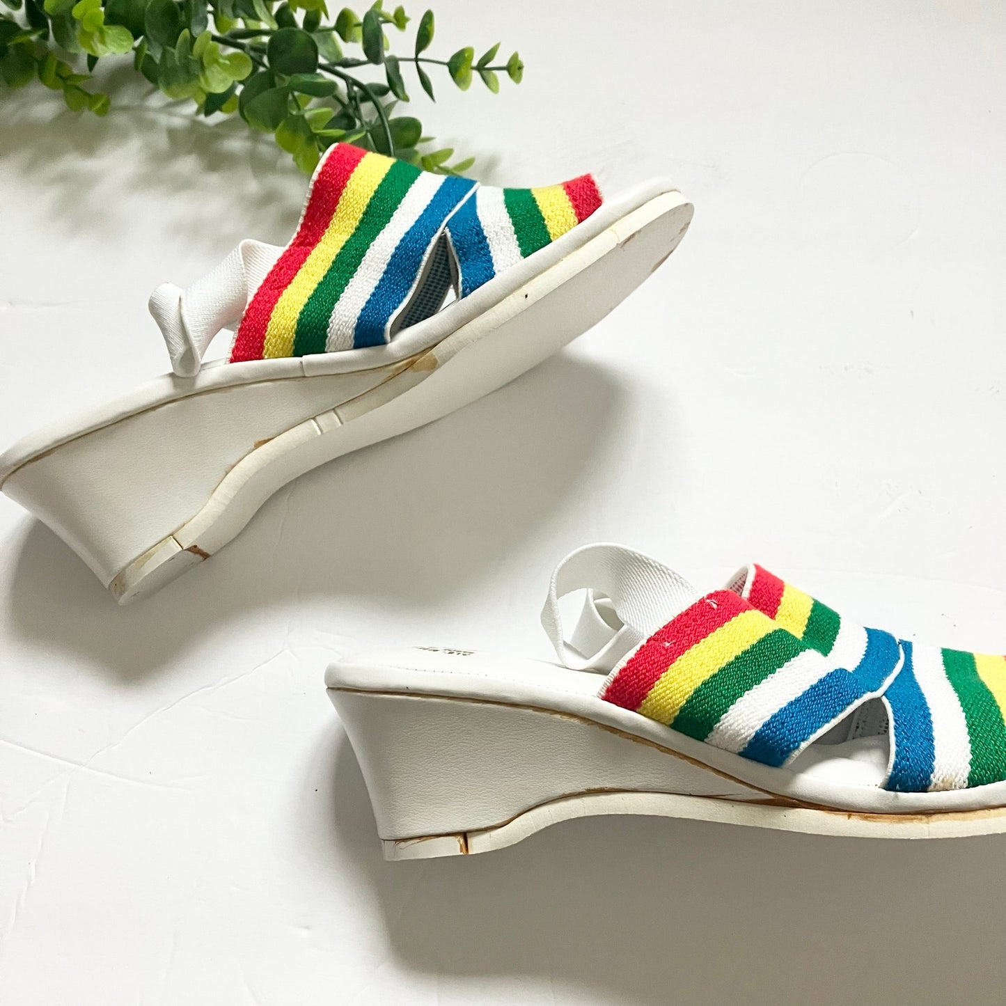 Vintage 70s 80s Rainbow Strap Wedge Sandals