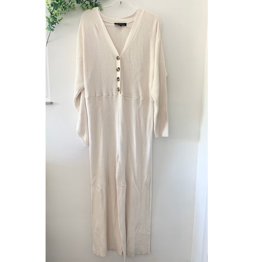 Eloquii Knit Ribbed Long Sleeve Jumpsuit Button Front Cropped Cream White  22-24