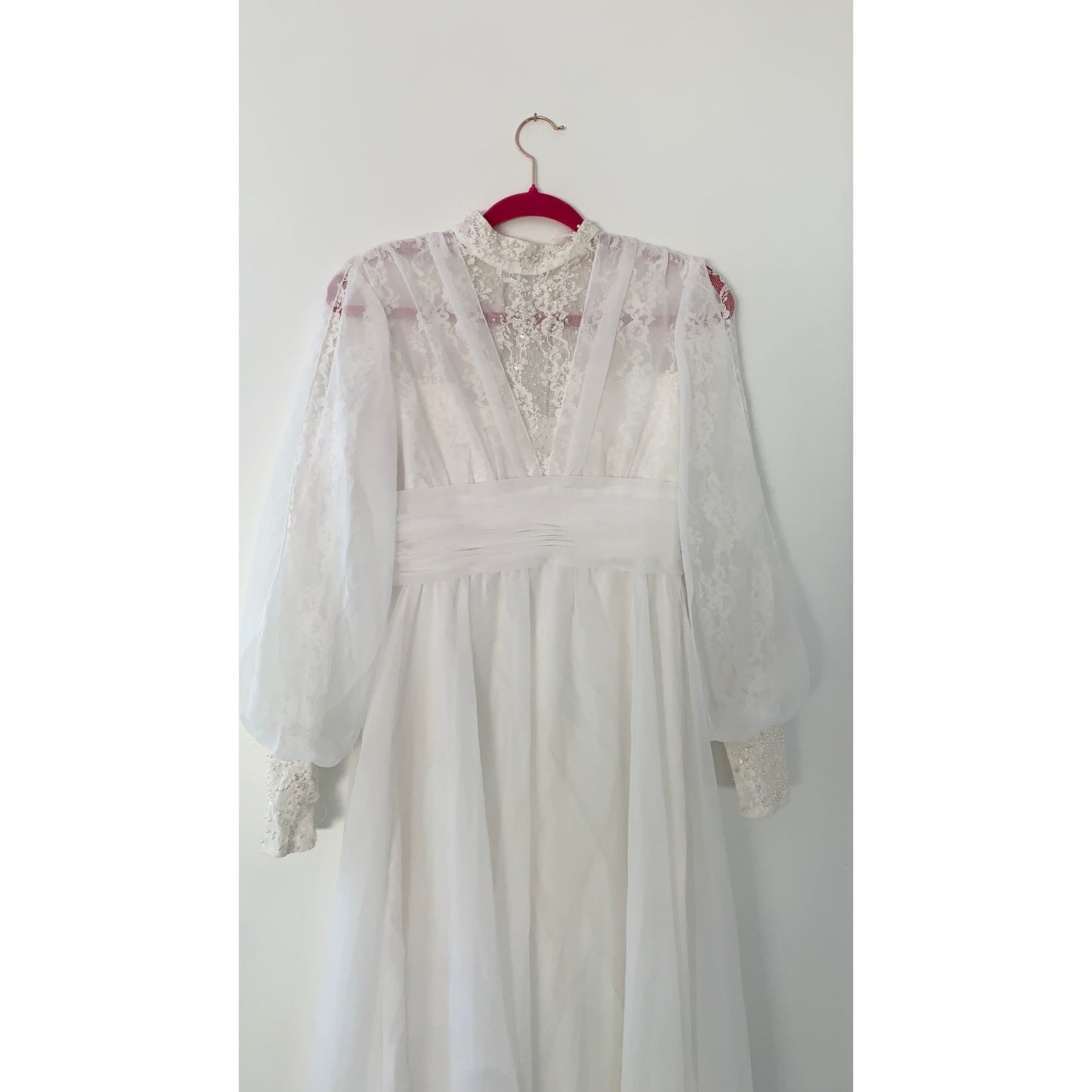 Vintage 1970s Union Made Lace Beaded Floor Length White Wedding Dress Gown