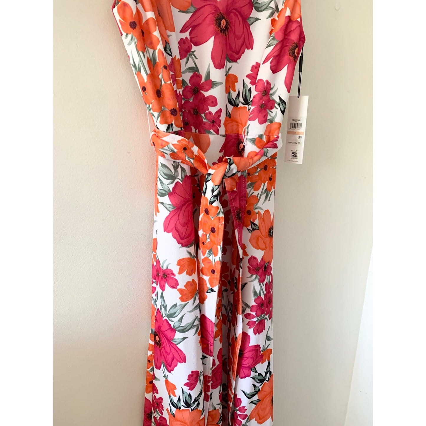 Calvin Klein White Floral Print Sleeveless Midi Dress Belted Waist
