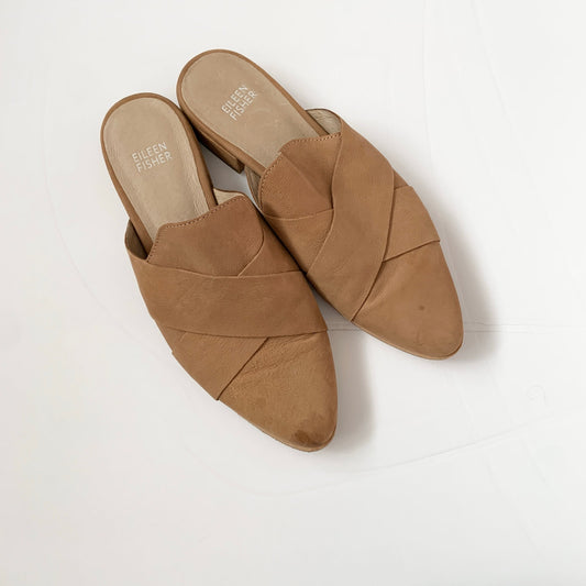 Eileen Fisher Bauer Tumbled Nubuck Tan Leather Mule Flat Shoes