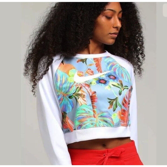 NIKE Buzo Hyper Femme Tropical Floral Cropped Sweatshirt Size Small White