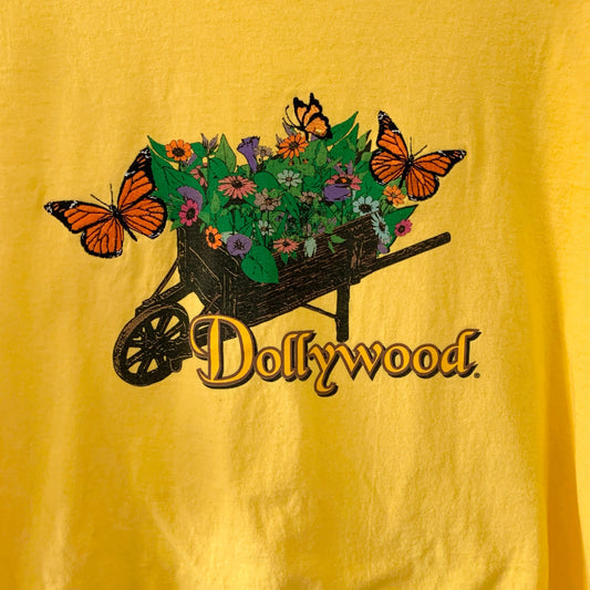 Vintage Dollywood Butterfly Garden Flower Embroidered Yellow T-Shirt XXL