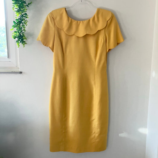 Vintage Gillian 80s 90s For Parisian Scalloped V Neck Silk Yellow Sheath Dress