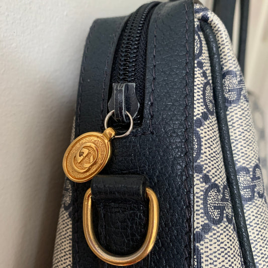 Vintage Gucci Boston Navy Blue Gray Handbag Purse Satchel Authentic