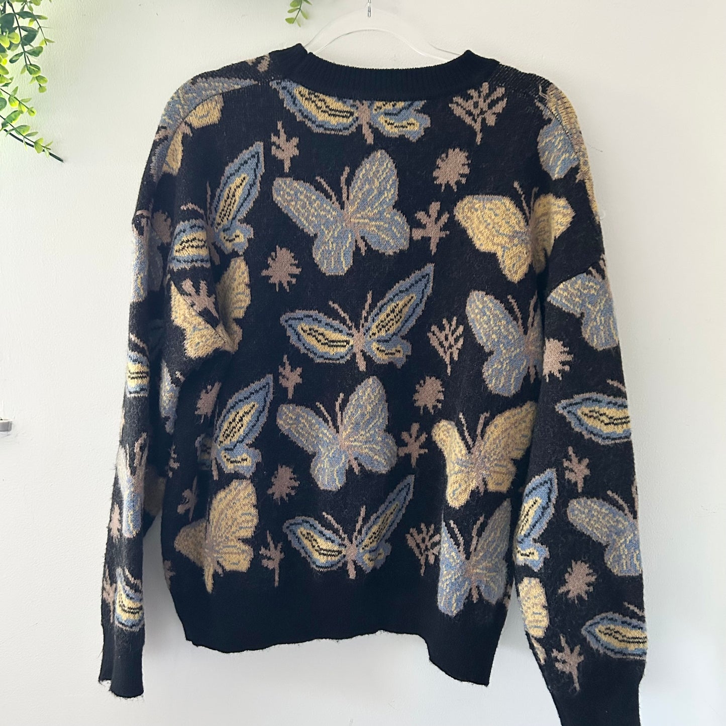 Romwe Butterfly Fairycore Print Cozy Knit Black Oversized Sweater