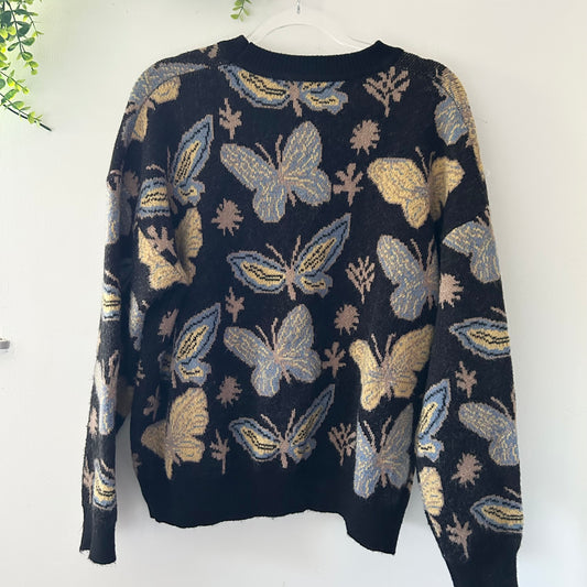 Romwe Butterfly Fairycore Print Cozy Knit Black Oversized Sweater