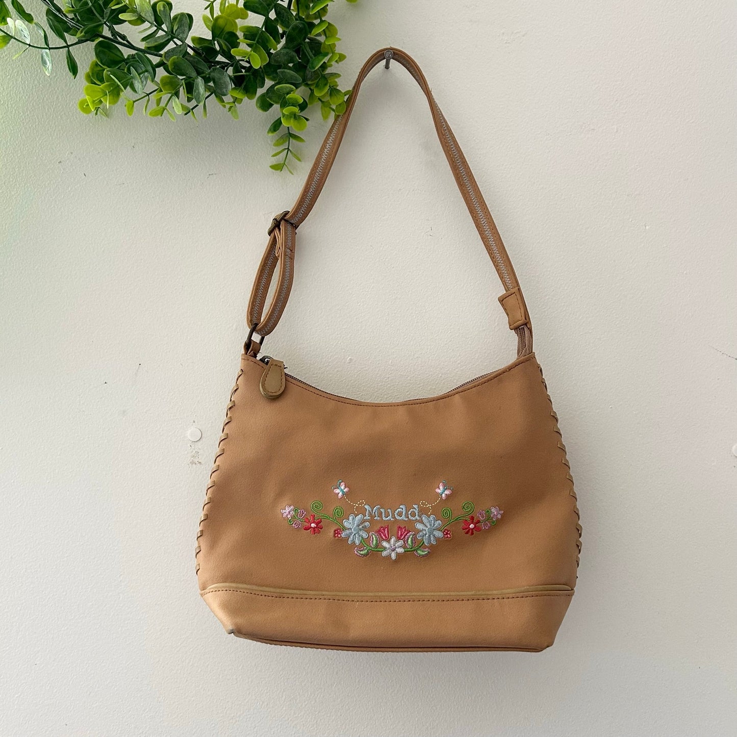 Vintage Y2K Mudd Tan Floral Embroidered Hobo Shoulder Bag Whipstitch