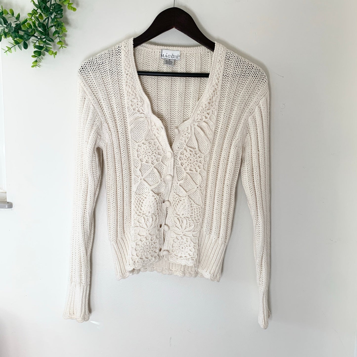 Just Maggie Vintage White Ramie Cotton Cardigan Knit Sweater Medium
