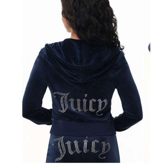 Juicy Couture OG Big Bling Velour Hoodie Regal Navy Blue Y2K