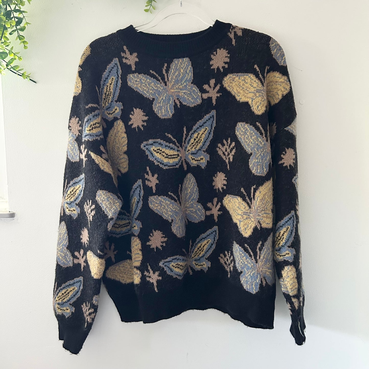 Romwe Butterfly Fairycore Print Cozy Knit Black Oversized Sweater