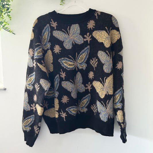 Romwe Butterfly Fairycore Print Cozy Knit Black Oversized Sweater