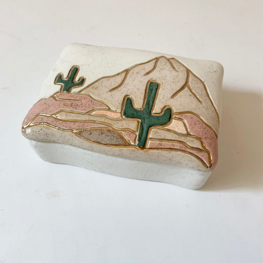 Southwest Textured Desert Cactus Pottery Gold Accent Trinket Box