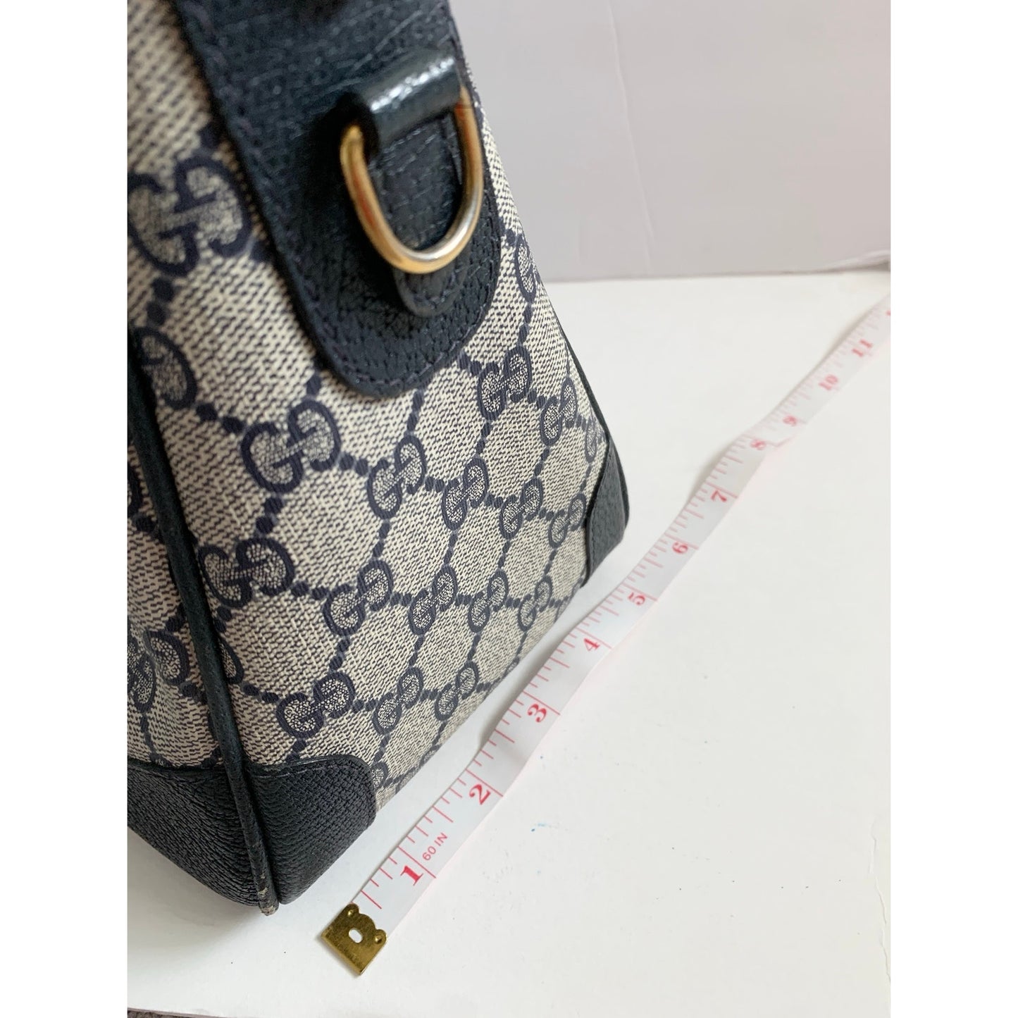 Vintage Gucci Boston Navy Blue Gray Handbag Purse Satchel Authentic