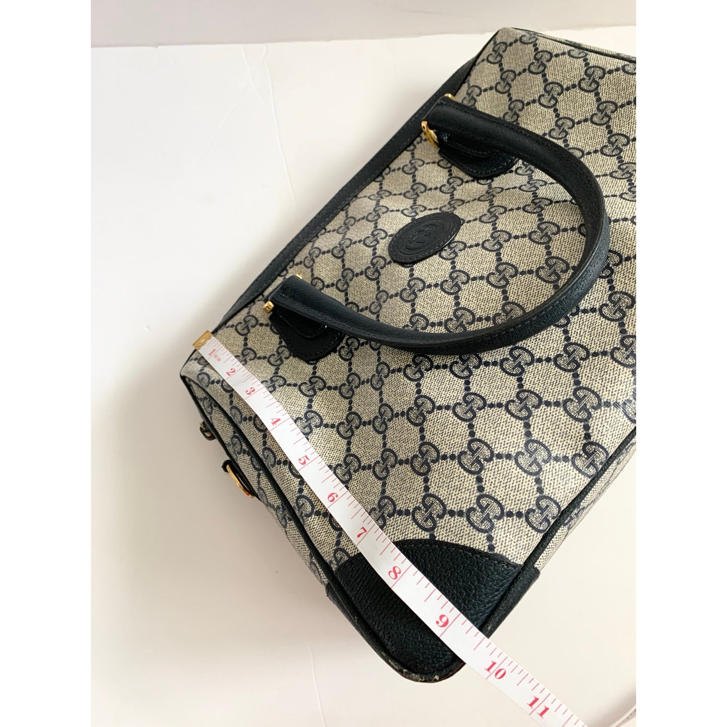 Vintage Gucci Boston Navy Blue Gray Handbag Purse Satchel Authentic
