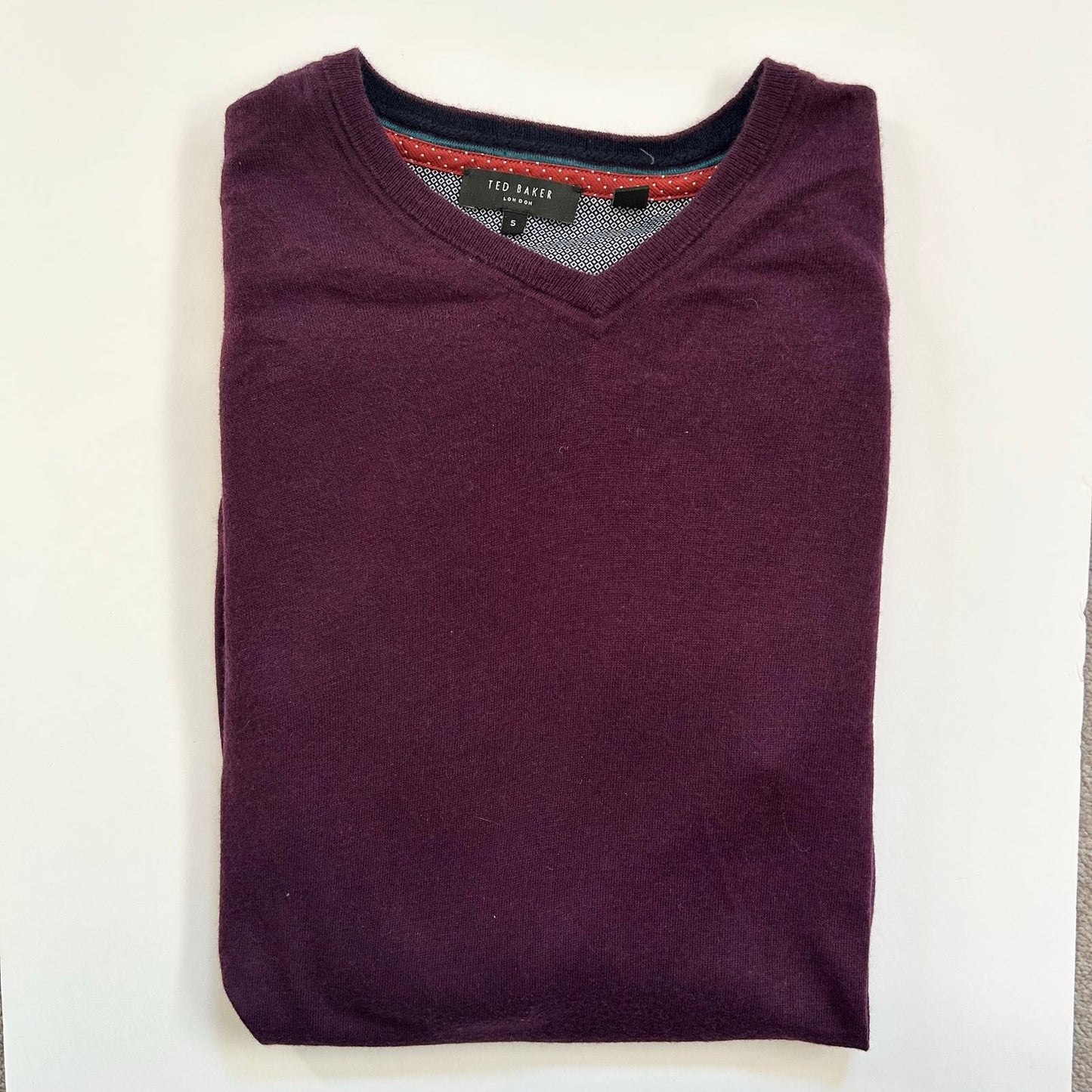 Ted Baker Wool Cashmere Silk Maroon Purple Plum Men's Pullover V Neck Sweater XL