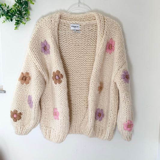 Frnch Flower Print Taya Cream Chunky Cardigan Sweater Small Medium