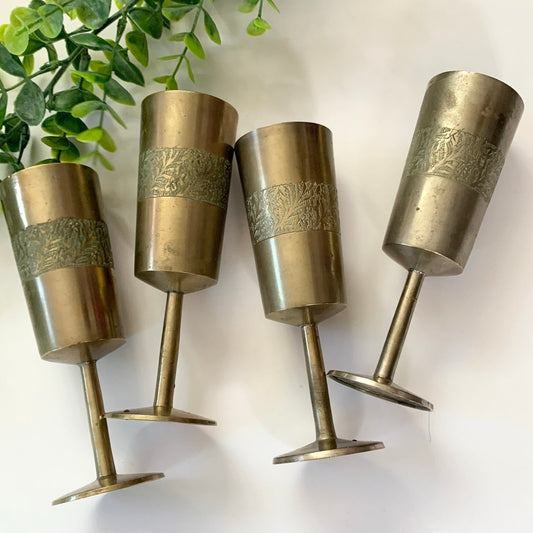Vintage Brass Gold Etched India Goblet Cups 6" Set 4