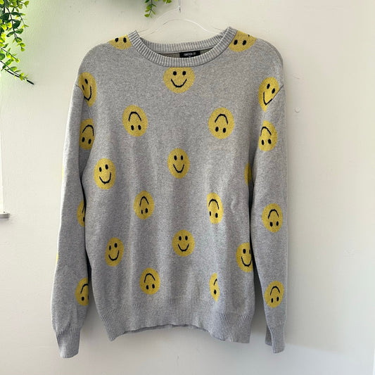 Forever 21 Men's Smiley Face Print Gray Yellow Crewneck Sweater