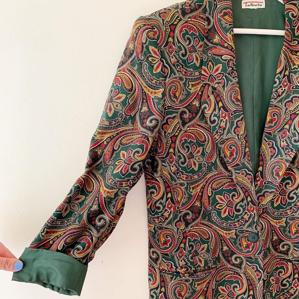 Vintage Talbots Green Yellow Wool Blend Paisley Blazer