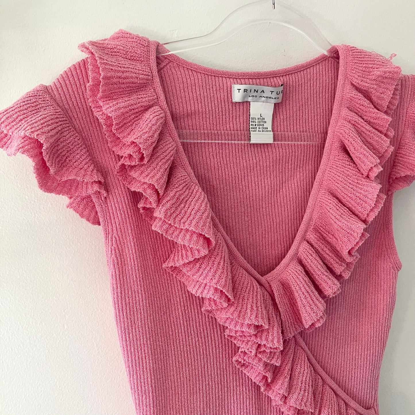 Trina Turk Pink Ruffle Front V Neck Knit Short Sleeve Blouse Top