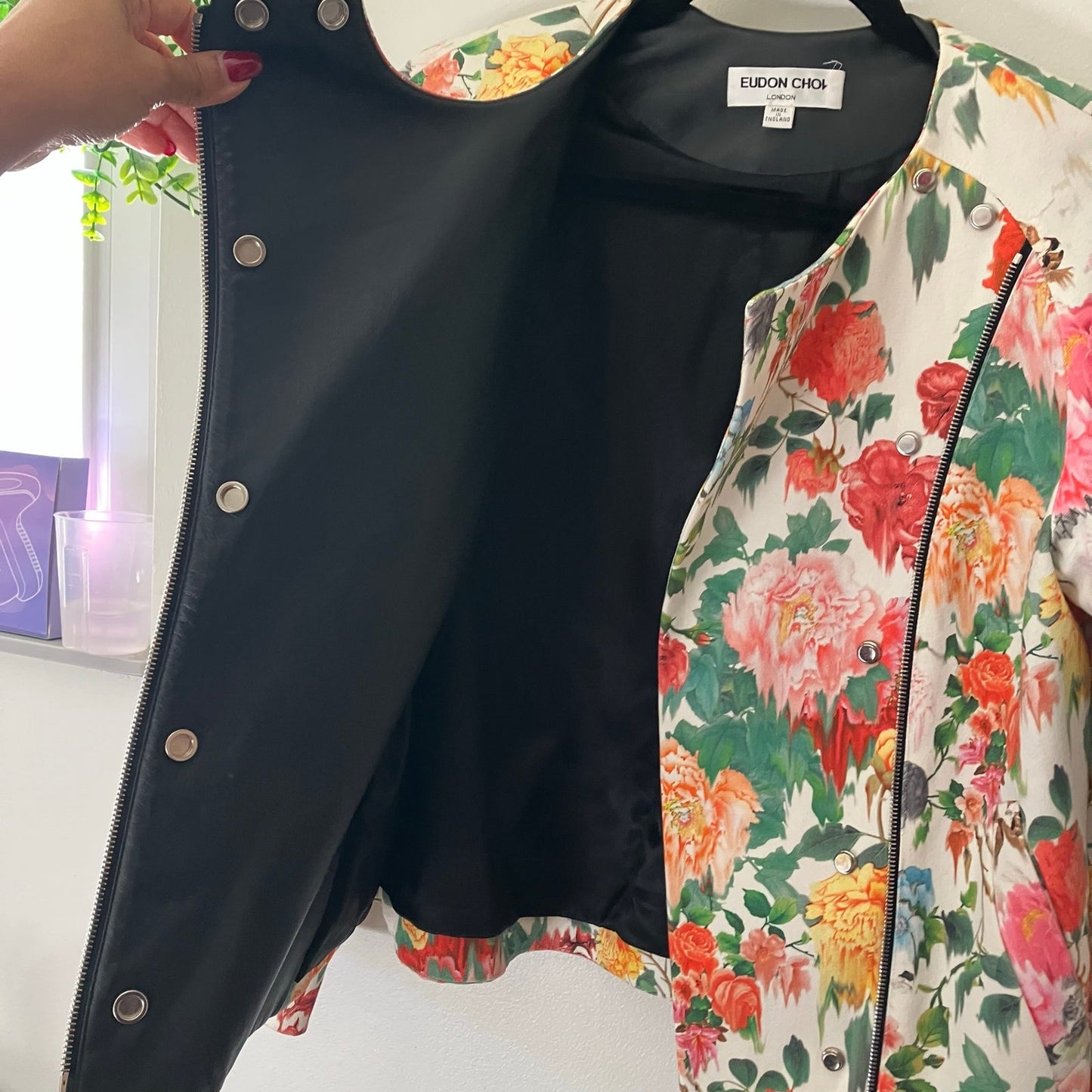 Eudon Choi Spring 2014 Cotton Leather Runway Floral Asymmetric Zip Jacket