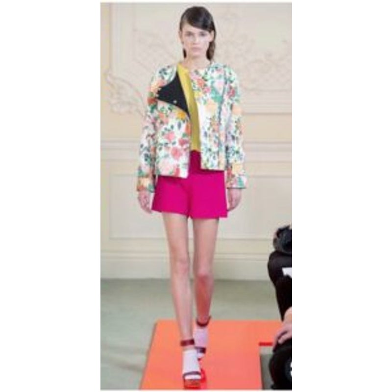Eudon Choi Spring 2014 Cotton Leather Runway Floral Asymmetric Zip Jacket