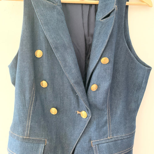 White House Black Market Tailored Denim Suiting Vest Gold Buttons Spring