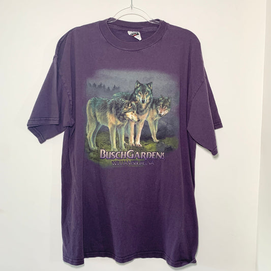 Vintage Busch Gardens Williamsburg VA Purple Wolf Graphic T-Shirt