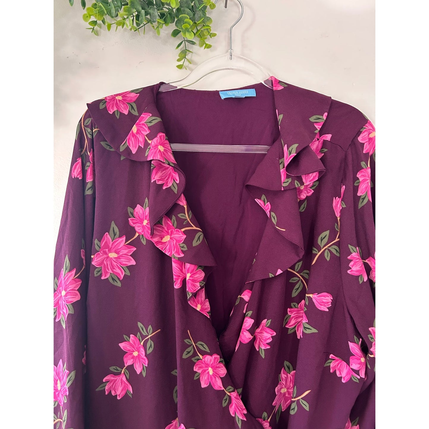 Draper James RSVP Long Sleeve Ruffle Midi Dress Burgundy Purple Pink Floral