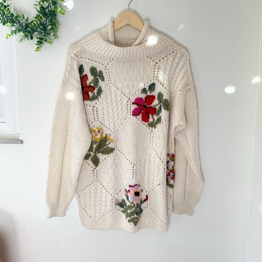 Kitty Hawk for Vivian Wang Vintage Knit Floral Cream Turtleneck Sweater Large