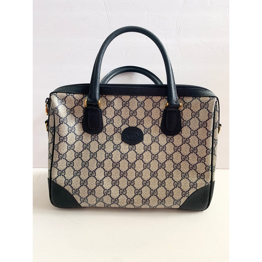 Vintage Gucci Boston Navy Blue Gray Handbag Purse Satchel Authentic