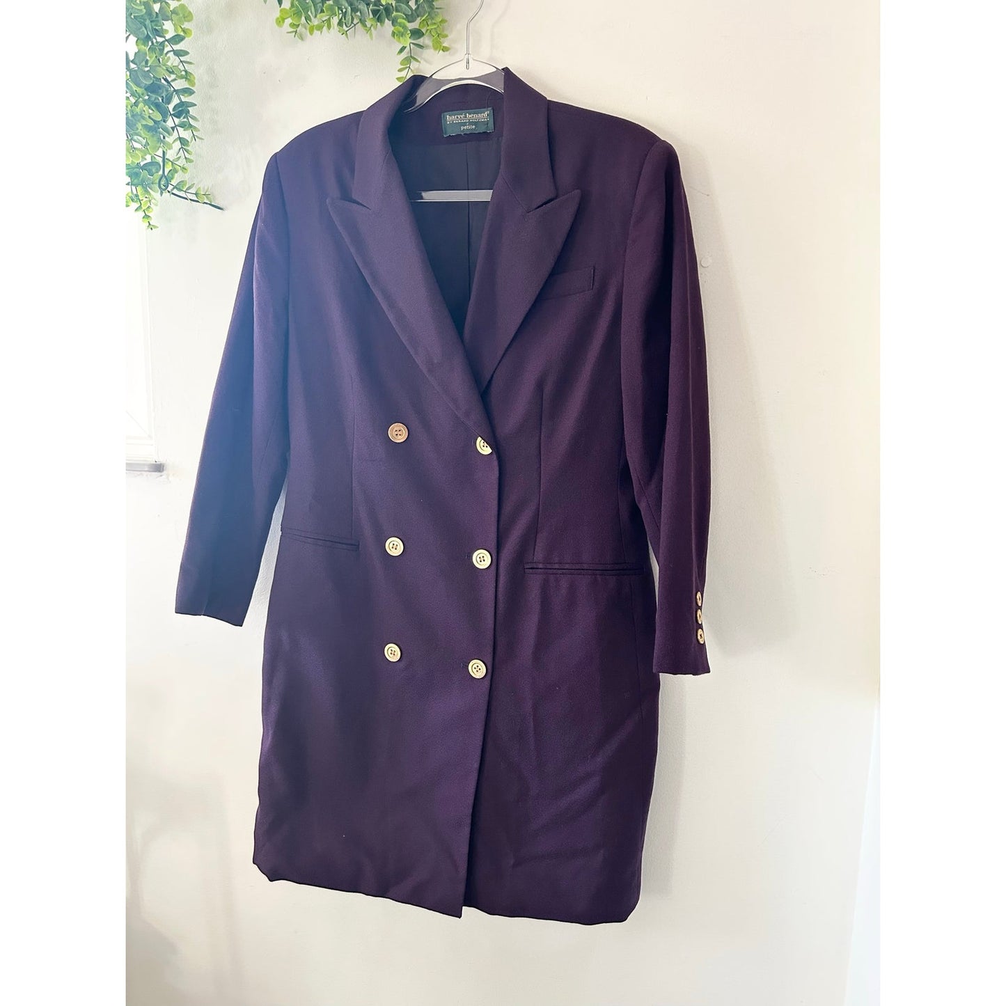 Harve Benard Petite Plum Purple Double Breasted Wool Vintage Long Blazer