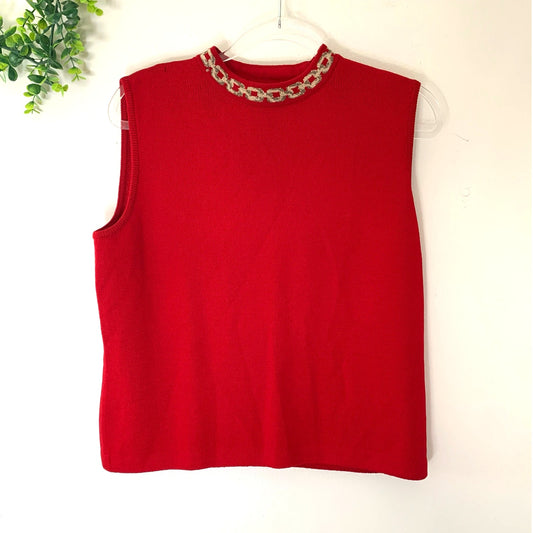 Vintage St. John Red Knit Sleeveless Sweater Tank Gold Chain Neck Medium
