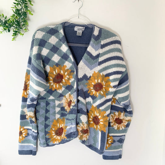 Import Workshop Vintage Blue Sunflower Cardigan Novelty Knit Sweater XL