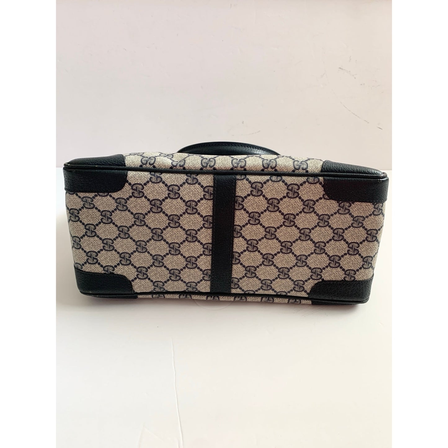 Vintage Gucci Boston Navy Blue Gray Handbag Purse Satchel Authentic