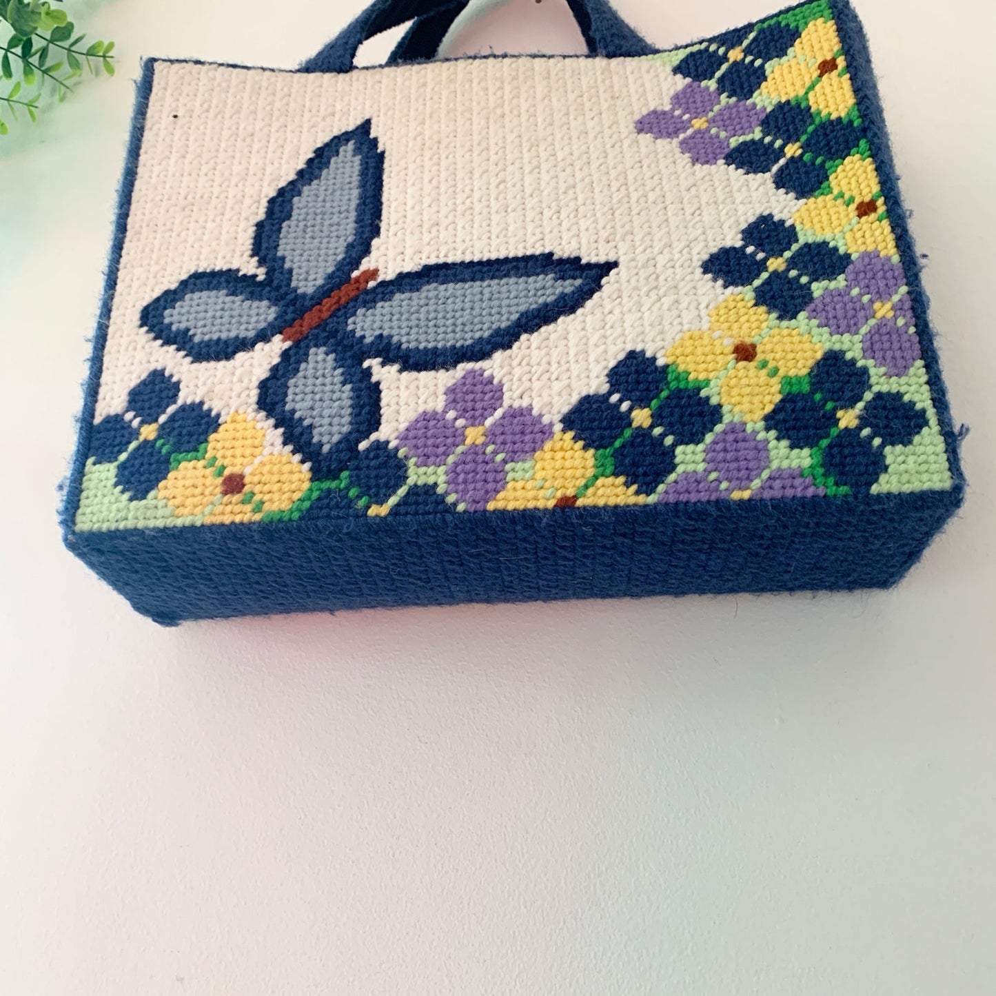 Vintage 1970s Needlepoint Butterfly Purse Tote Bag Blue White