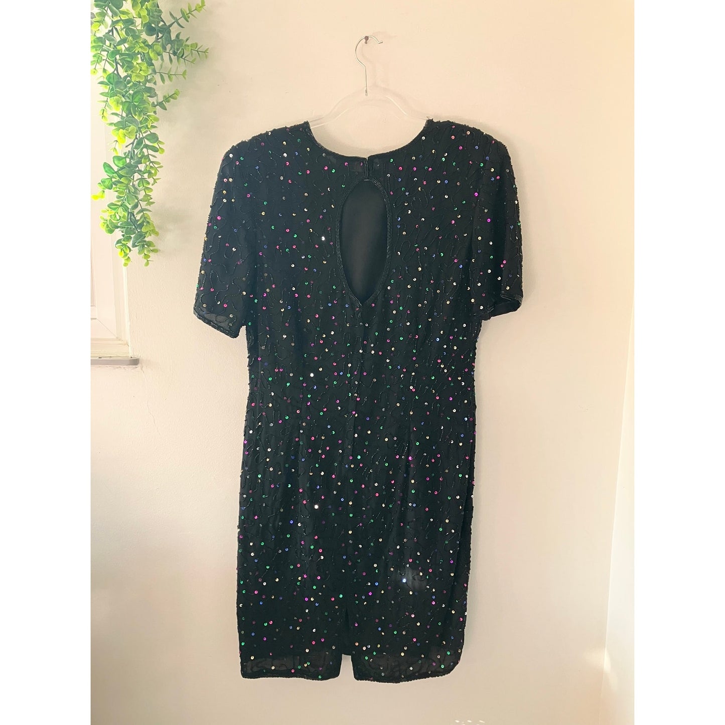 Stenay Vintage 1980s Beaded Confetti Sparkle Silk Black Dress Size 12