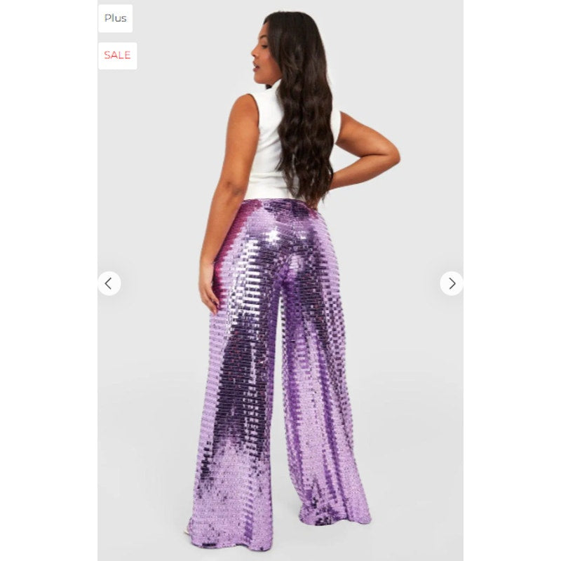 Boohoo Plus Purple Lilac Sequin Wide Leg Floor Sweeping Trousers Size 24