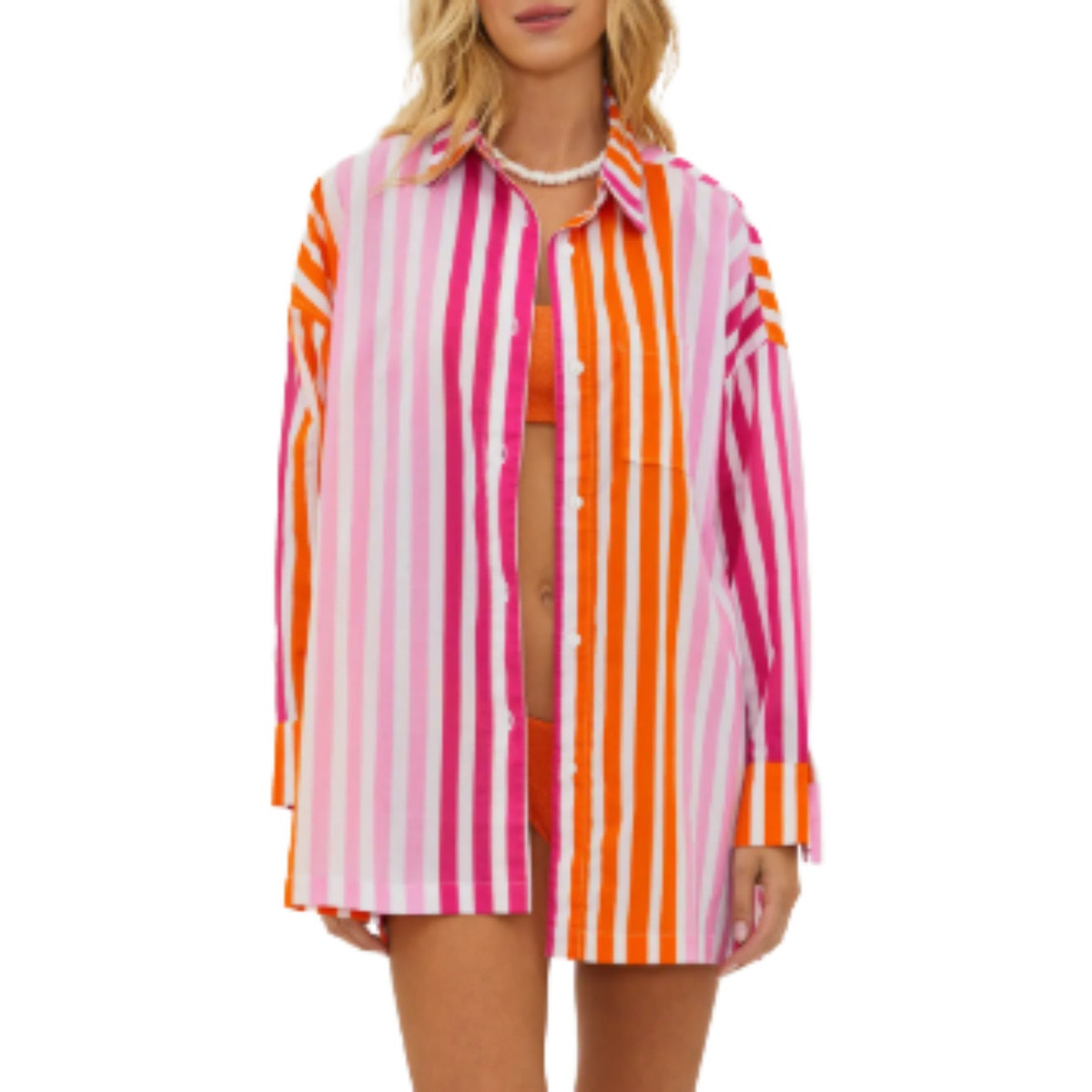 Beach Riot Alexa Pink White Orange Sunset Stripe Cotton Button Swim Top Shirt  L