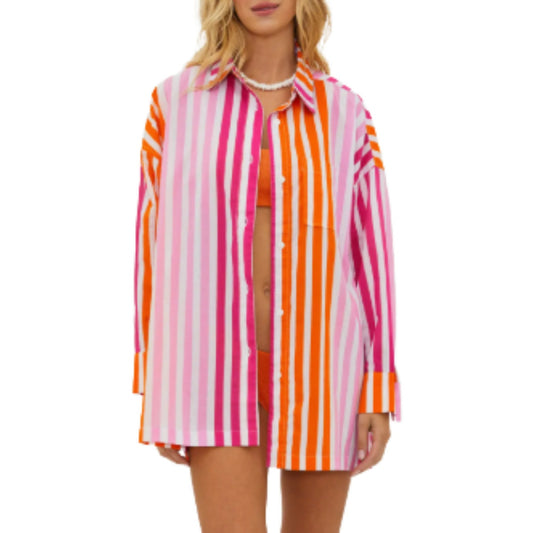 Beach Riot Alexa Pink White Orange Sunset Stripe Cotton Button Swim Top Shirt L