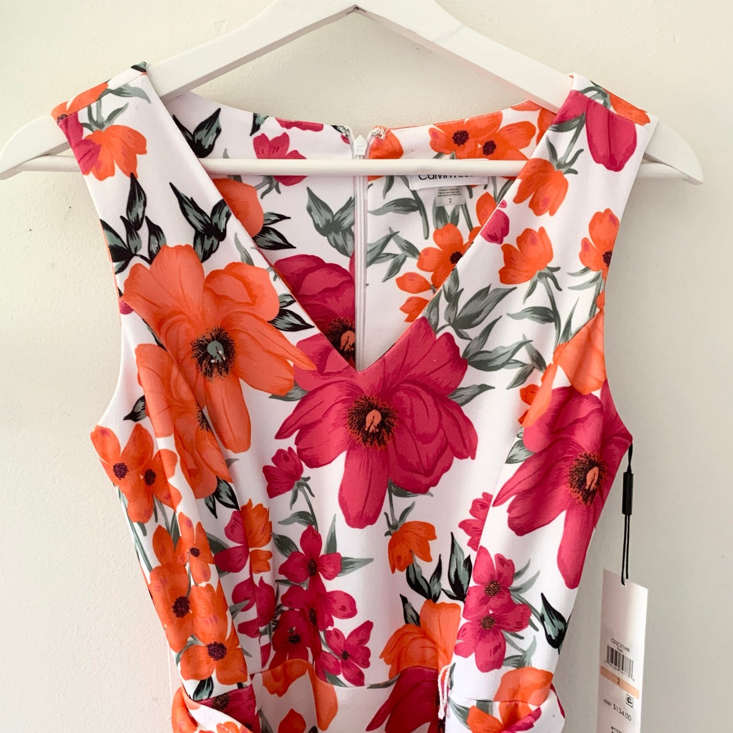 Calvin Klein White Floral Print Sleeveless Midi Dress Belted Waist