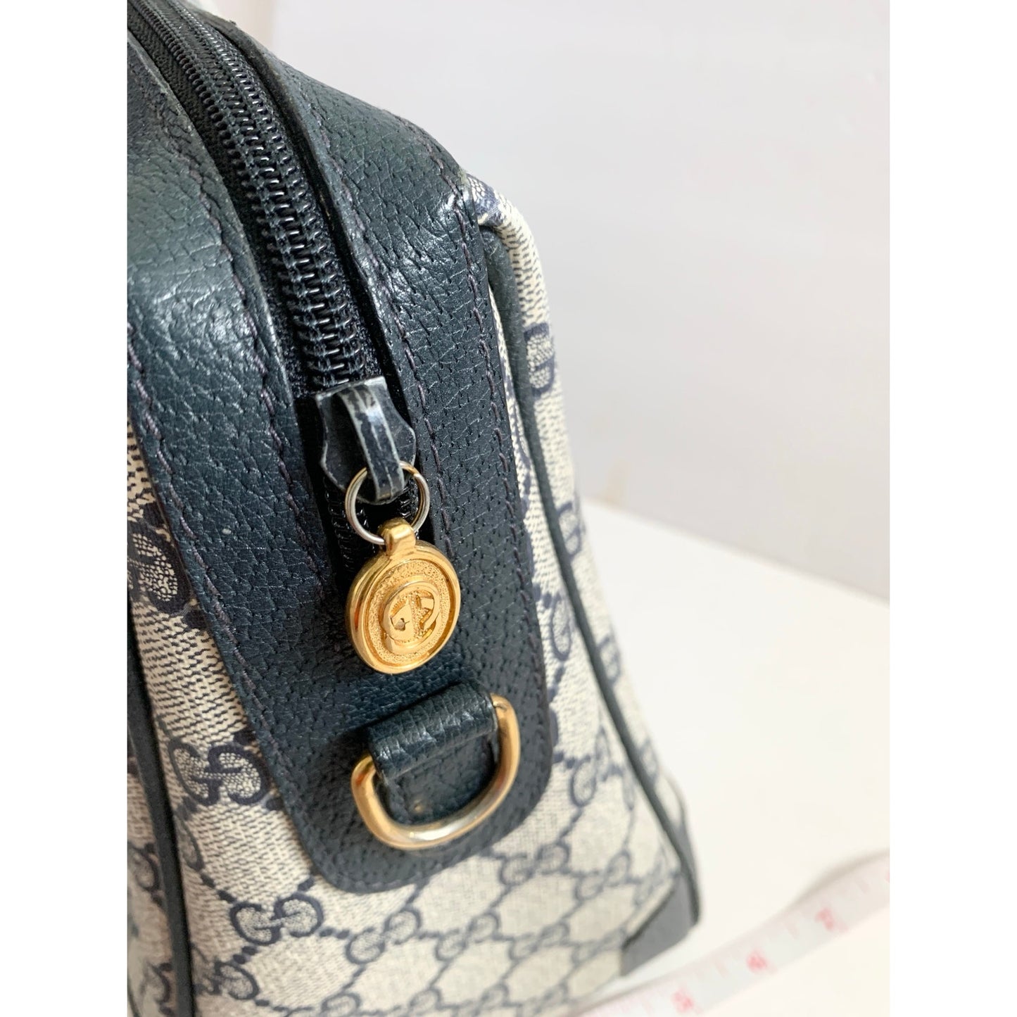 Vintage Gucci Boston Navy Blue Gray Handbag Purse Satchel Authentic